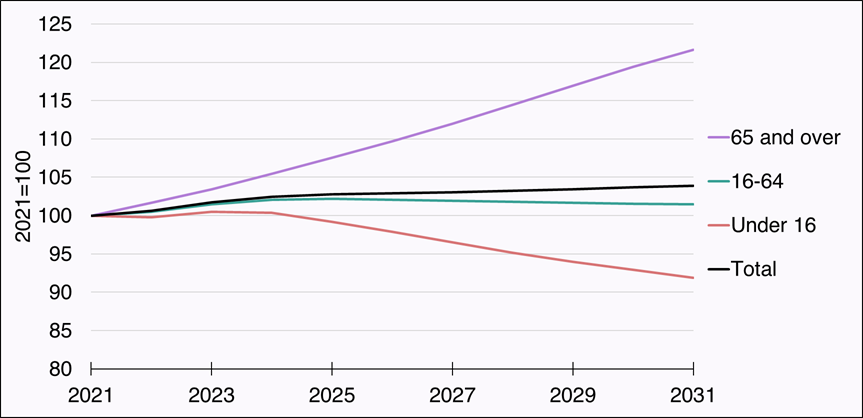 Chart showing population changes from 2021 to 2031. The over 65 age groups is projected to increase by over 20 per cent. The under 16 age group is projected to fall by around 8 per cent and the working age (16-64) age group is projected to be relatively flat. 